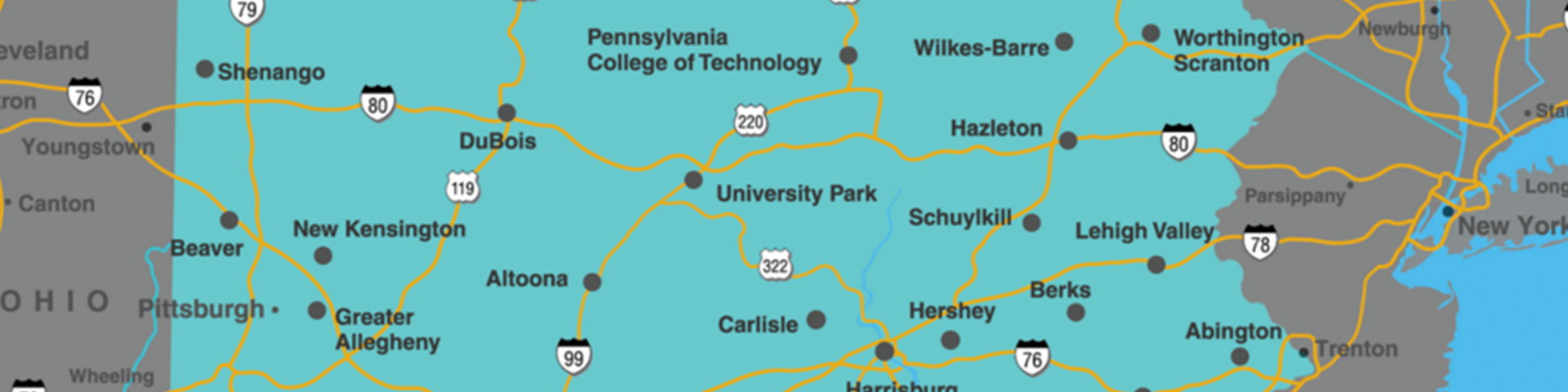 Map of Pennsylvania and Penn State campuses