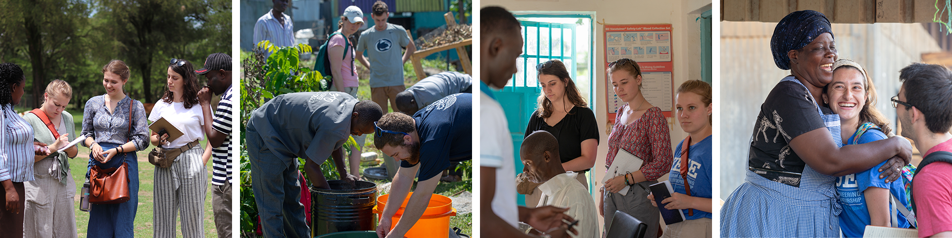 Image containing four photos of people interacting with groups of people