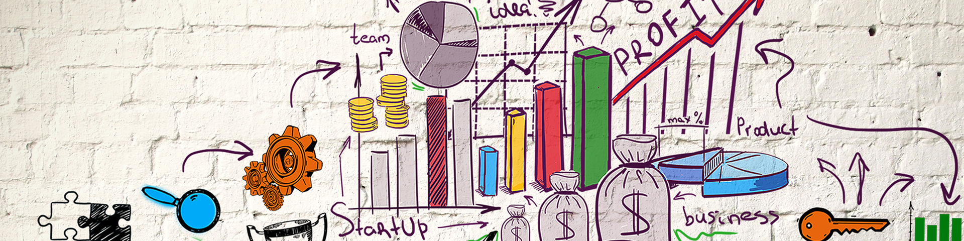 Graphic illustration of bar graphs, trophies, money bags, pie charts, business words